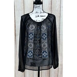 Lucky Brand Live In Love Peasant Blouse Size Medium Black Sheer Embroidered Boho